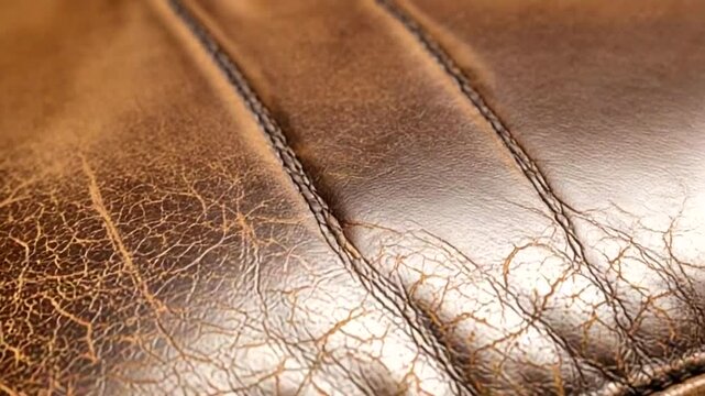Close up of distressed brown leather texture with stitching detail.