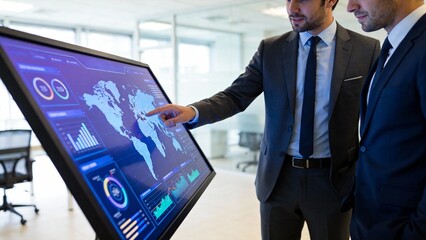 Businessmen analyzing data on large screen