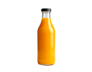 Orange drink in clear glass bottle with black cap, against black background