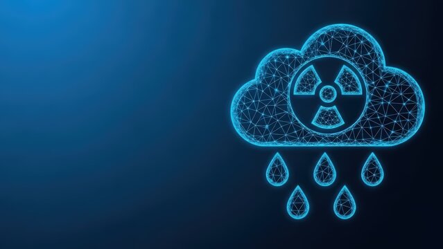 Radiation hazard cloud with falling drops symbol against a dark blue abstract background