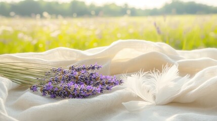 Delicate arrangement of dried lavender sprigs and a white feather rests on soft white fabric with a blurred green field in the background