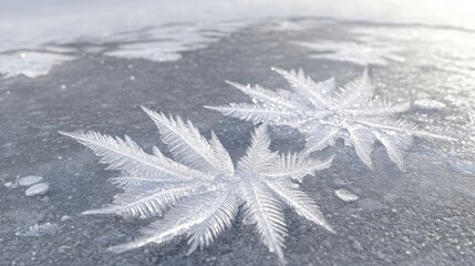 Delicate fern like ice crystals forming a natural pattern on a frozen puddle surface in winter