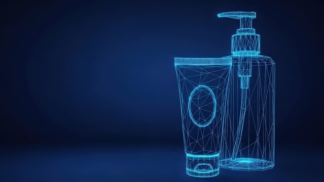 Wireframe 3D design of cosmetic bottles and dispenser in blue light on a dark background
