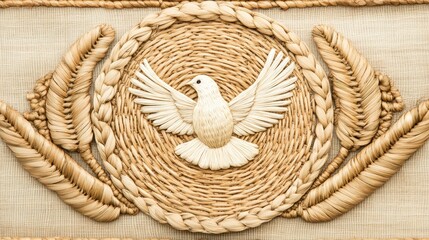 Delicate woven straw emblem with a central dove motif