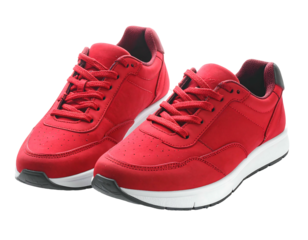 A pair of vibrant red athletic shoes with white soles and black accents