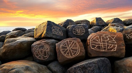 Engraved stone blocks depicting commerce during a sunrise