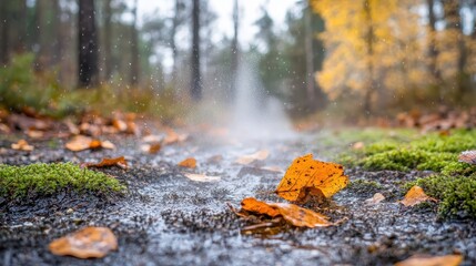 Fine mist rising from a damp forest floor after rain in autumn with fallen leaves scattered on the path
