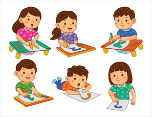 Cute Kids Drawing on Paper Vector. Illustration