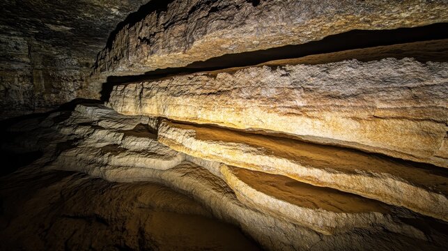 Detailed view of stacked sedimentary rock layers displaying distinct colors and textures in a natural underground formation