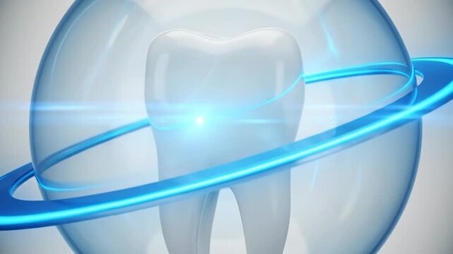 Tooth protection concept with a glowing shield and blue rings around it.