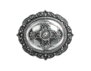 Ornate silver medallion with intricate floral and geometric raised relief design