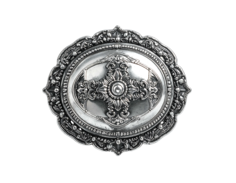 Ornate silver medallion with intricate floral and geometric raised relief design - Powered by Adobe