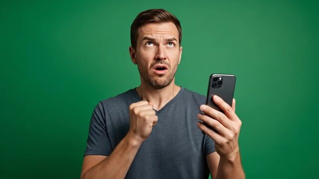 Surprised young man looking at smartphone with fist clenched, expressing shock on a green studio background.