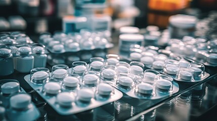 Rows of blister packs containing white round pills are neatly arranged on a shelf in a pharmacy