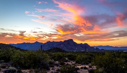 Naklejka premium A desert landscape with mountains and a vibrant sunset