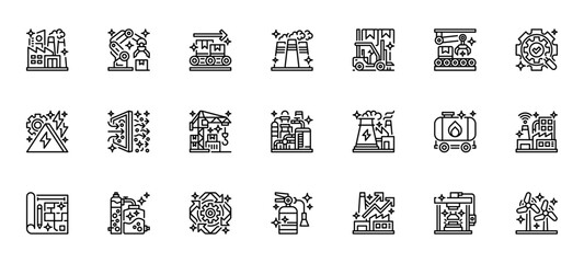 Factories icon set Line Icon, Outline Symbol for Industrial Production, Manufacturing Process, Urban Infrastructure, Factory Management, and Business Operations. Vector Sign Icon.