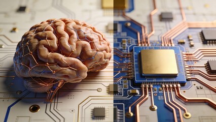 Brain and Circuit Board Split Image