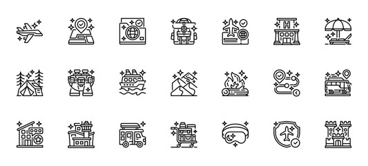 Travel icon Set Line Icon, Outline Symbol for Vacation Planning, Tourism Exploration, Global Adventure, Holiday Journey, and Transportation Booking. Vector Sign Icon.