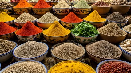 Assortment of colorful spices in bowls