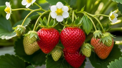 Close up of ripe strawberries with flowers and green leaves