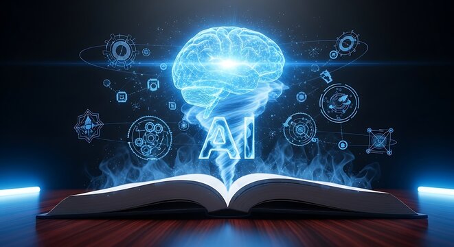 The Genesis of Artificial Intelligence A Luminous Brain Rising from an Open Book, Symbolizing Knowledge, Innovation, and the Digital Future of Learning and Technology