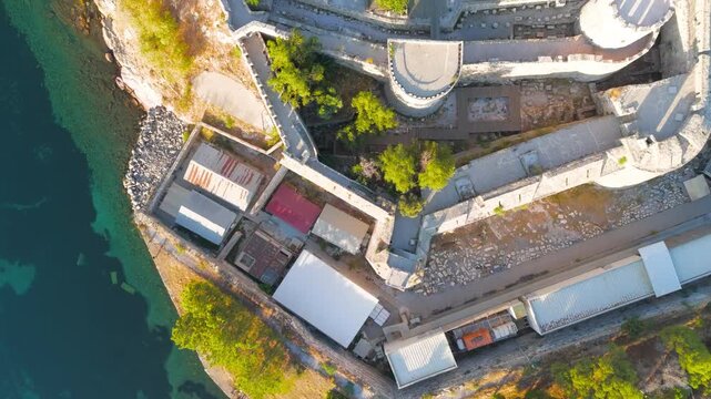 Bodrum, Turkey. Epic drone shot of Bodrum Castle - perfect social media content for travel influencers and tourism pages.. Aerial View, HEAD OVER SHOT with rotation, MasterShots