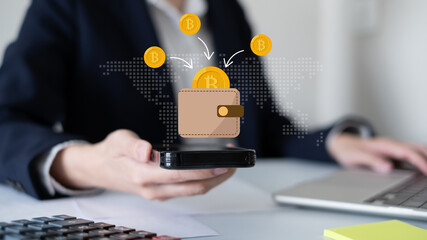 Person using smartphone cryptocurrency transaction online digital payment banking asset encryption safety security cybersecurity money network wallet, financial technology concept