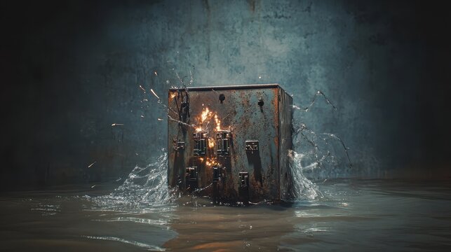 Submerged electrical junction box sparking erratically with fire and water spray