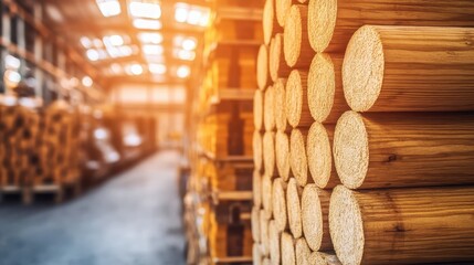 Neatly stacked round fuel logs forming a large pile inside a bright industrial storage warehouse with warm sunlight filtering through