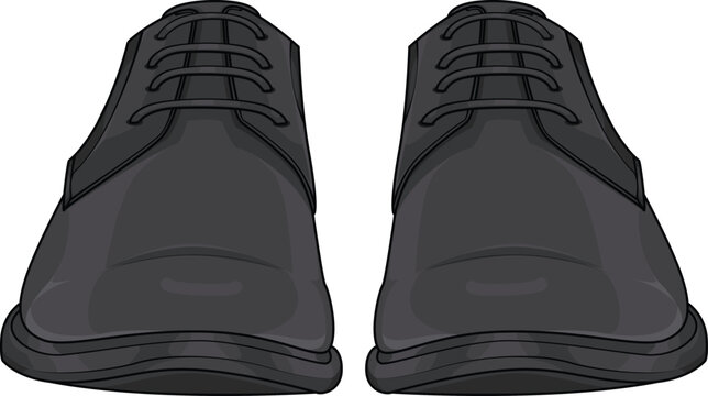 Front view vector illustration of a pair of men's black leather formal shoes. Classic business footwear with laces isolated on white background. Standing position concept.