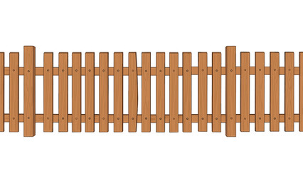 Long wooden picket fence made of vertical brown planks arranged in a row to create a garden border on a white background scene.