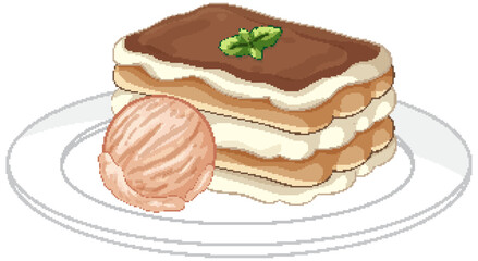 Italian Tiramisu Cake with a Scoop of Ice Cream on Plate © GraphicsRF