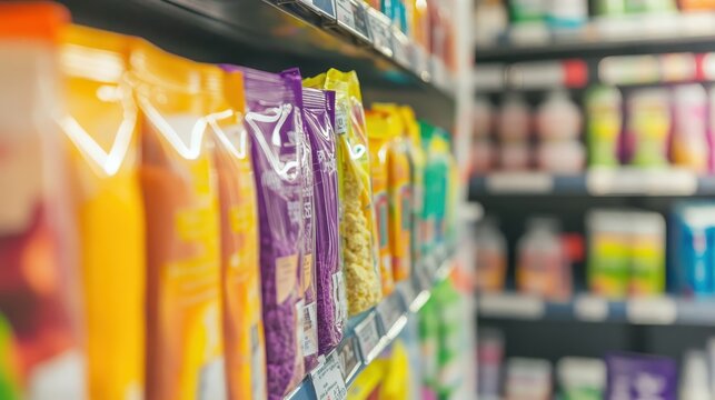 Rows of colorful sealed packets of electrolyte replacement powder displayed on shelves in a retail store