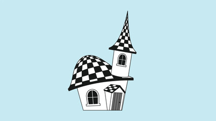 Whimsical cartoon house with black and white checkered patterns on the roof and a tall pointed spire on light blue background.