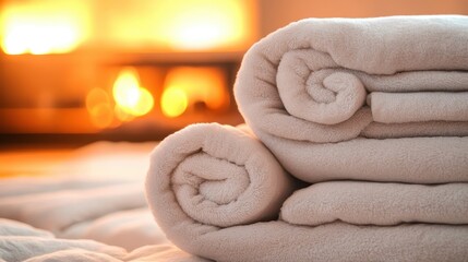 Stacks of rolled clean soft blankets made from insulating material near a warm glowing fireplace