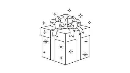 Minimalist line drawing of a wrapped gift box decorated with a large ribbon bow and small stars for a celebratory occasion.