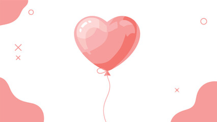 Pink heart shaped balloon floating with a string against a white background decorated with abstract pink shapes and icons.