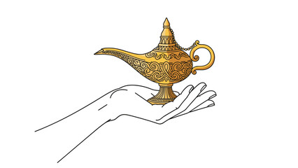 Golden magic lamp with intricate engraved patterns held by a minimalist white hand illustration against a plain background.
