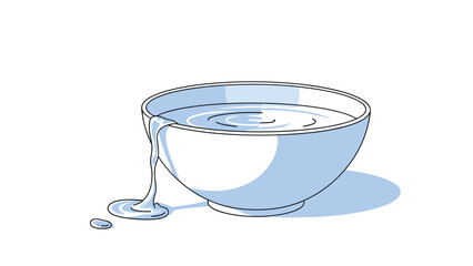 Simple blue bowl filled with fresh water spilling over the edge onto the floor with droplets splashing in a clean environment.