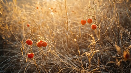 Ripe red berries covered in frost on a branch with dry grass in warm sunlight