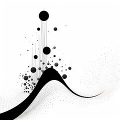 A minimalist abstract composition in black and white with smooth, wavy lines and floating spherical shapes.  