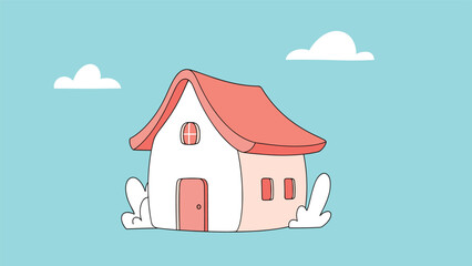 Peaceful cartoon house with a red roof and white walls situated under a clear blue sky with fluffy white clouds and greenery.