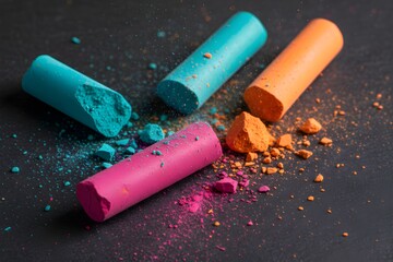 Close-up of Broken Professional Soft Pastel Sticks with Colorful Pigment Dust