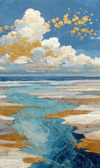 An artistic seascape in mixed media with a watercolor texture and accents of gold leaf.  