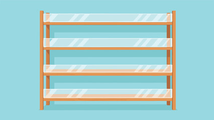 Empty wooden bookshelf with four glass shelves against a light blue wall providing a clean space for organization or storage.
