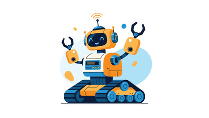 Friendly orange and blue robot with treads for wheels and claw hands waving happily in an abstract tech themed environment.