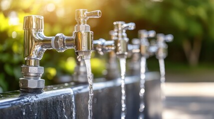 Row of chrome outdoor water taps with streams of fresh water flowing into a metal trough with sunlight illuminating the scene