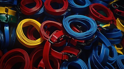 Rolls of heavy duty tie down straps with secure buckles in red blue and yellow