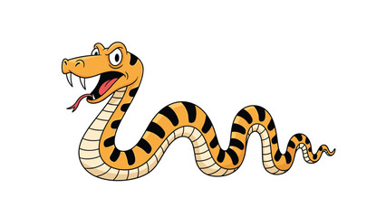 Angry cartoon snake with orange and black stripes showing its fangs and sticking out its tongue in a threatening pose.