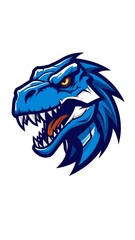 Naklejka premium A fierce, blue, stylized dinosaur head with glowing orange eyes and sharp teeth, set against a pristine white background. The creature is ready